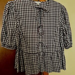 Time and tru Brown & light blue Gingham Tie-Front Peplum Top